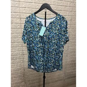WIHOLL‎ Women's Blue Floral V-Neck Short Sleeve Top XL